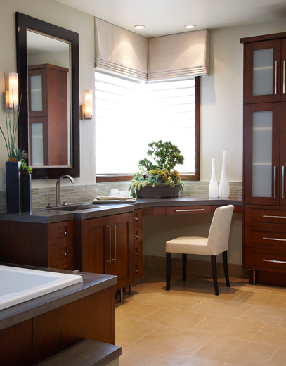 European style custom bathroom cabinets tastefully acomodates upscale interior design
