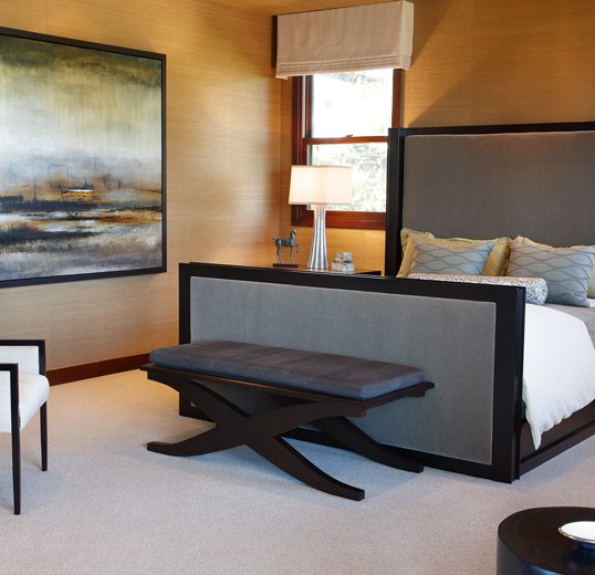 Coastal Master bedroom interior designed with custom fabric: Newport Beach